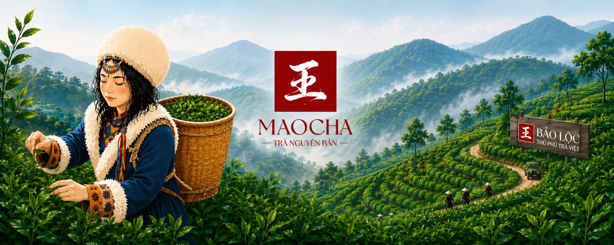 Người phụ nữ thu hoạch trà trên đồi trà Bảo Lộc MAOCHA